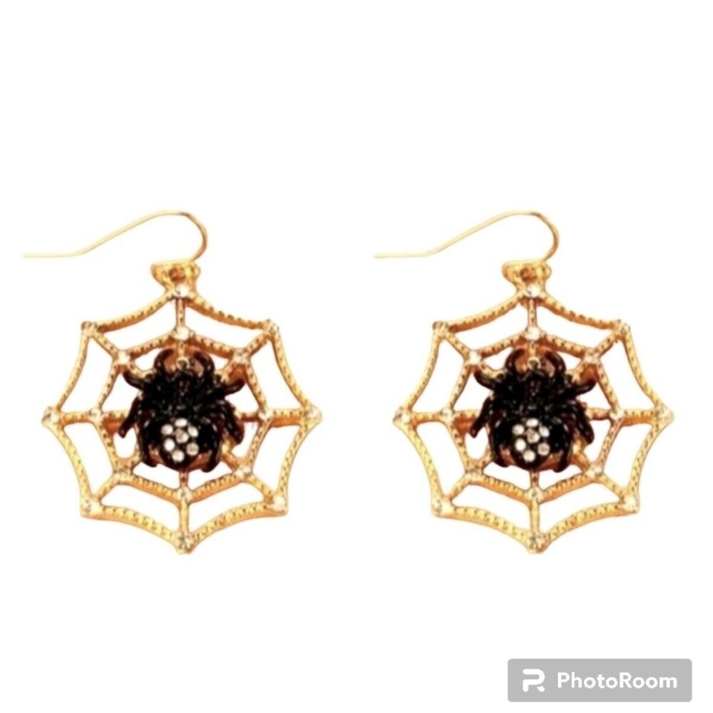 Halloween Earrings Spider on Web w/ Rhinestones Party Costume - Gold/Black 1.25"